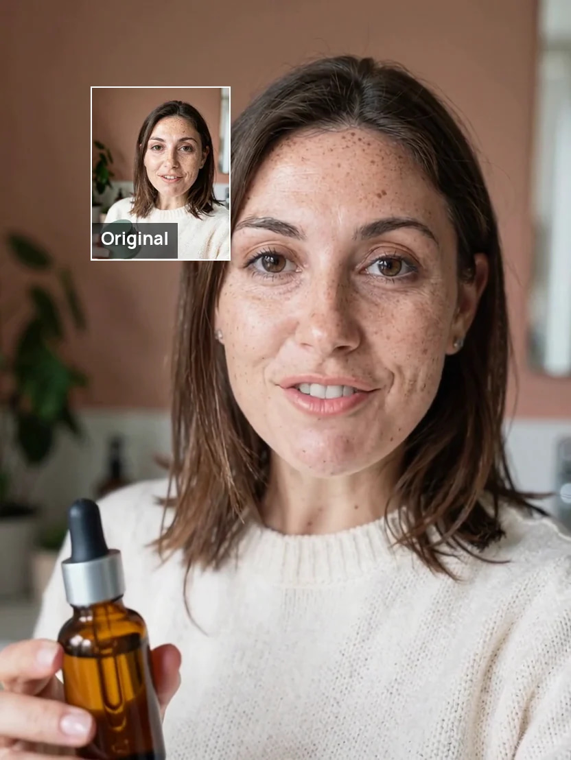 A skincare creator clip edited so she holds an amber serum bottle, the original clip playing in the corner