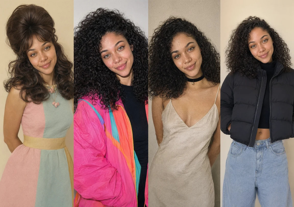 A selfie of a young woman with dark curls shown as four photo strips in 1960s, 1980s, 1990s and present-day styles, with a before/after slider