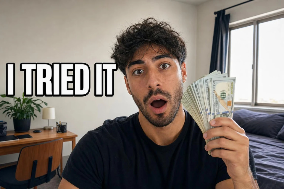 A selfie of a young man turned into a video thumbnail of him shocked, holding cash in his bedroom, headline I TRIED IT, with a before/after slider
