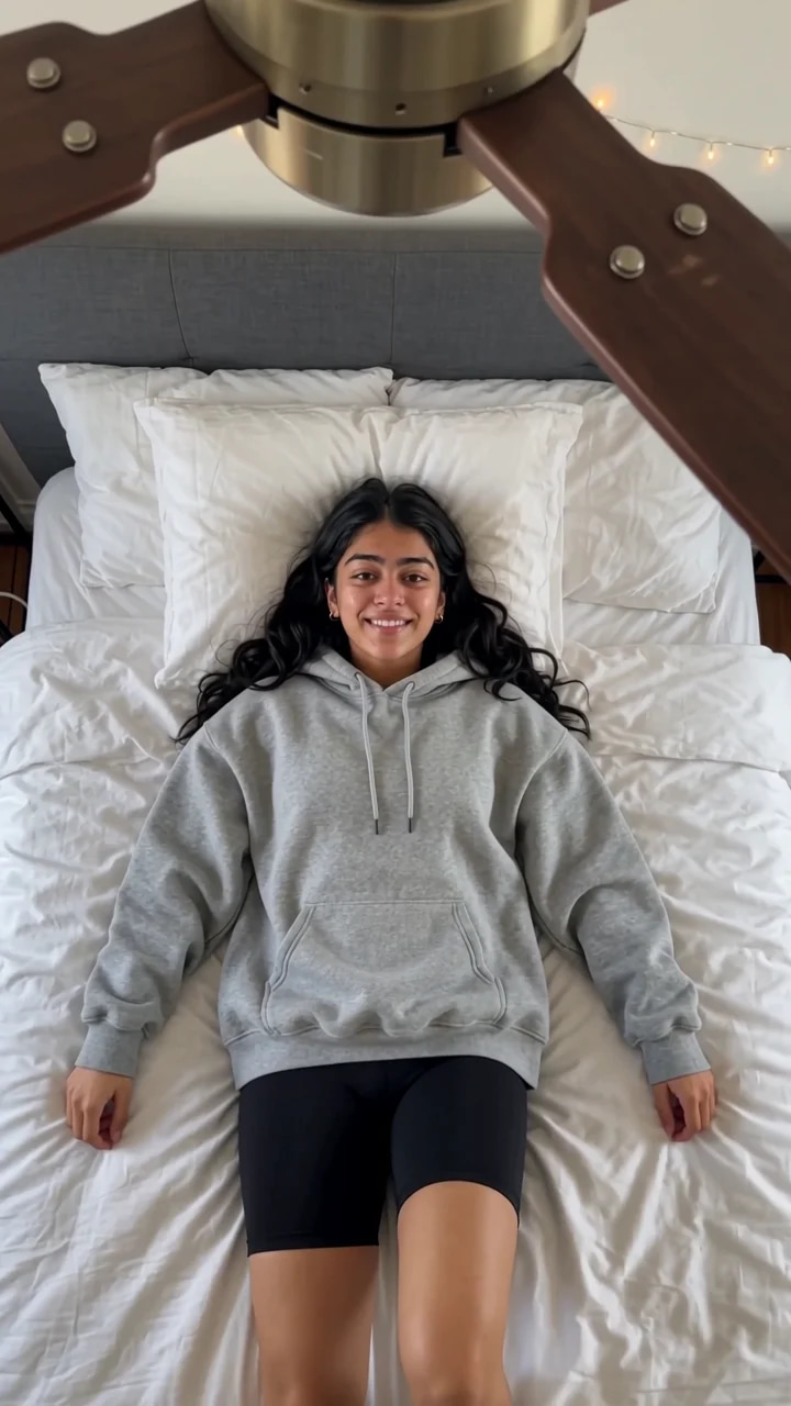 Overhead shot of a young woman lying on her bed; a wooden ceiling-fan blade sweeps across the lens and each pass changes her outfit, from a grey hoodie to a leather bomber with cargo jeans to a brown knit mini dress.