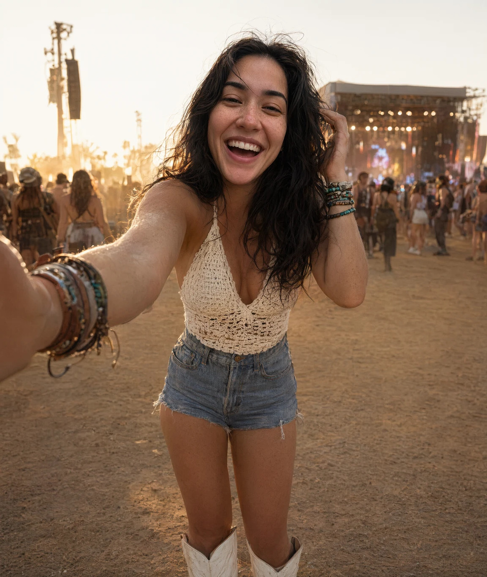 A selfie of a young adult woman turned into a golden-hour desert festival photo in a crochet top and denim shorts, with a before/after slider