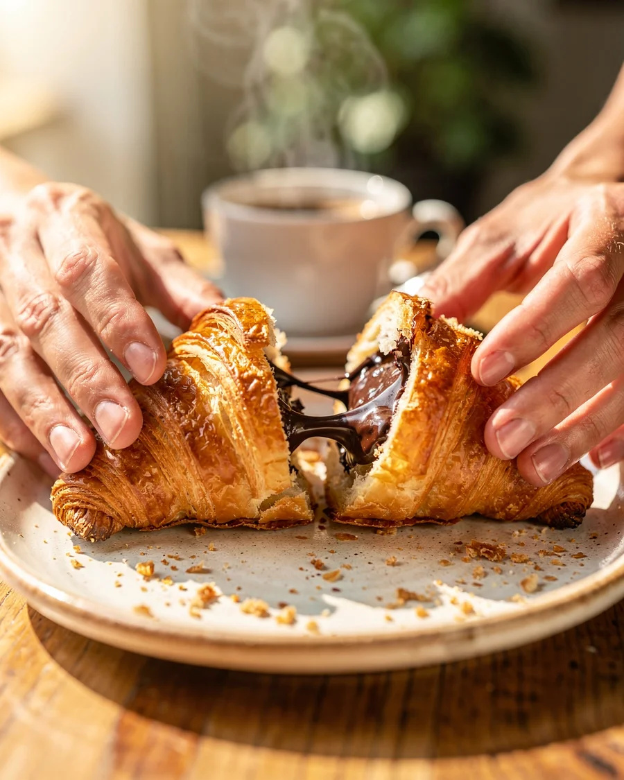 Hands pulling apart a flaky chocolate croissant on a sunlit cafe table