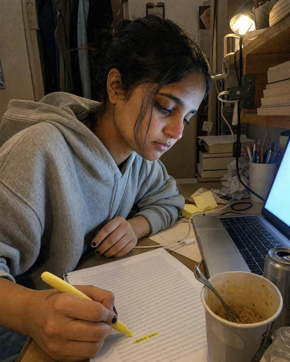 A 22-year-old student in an oversized grey hoodie highlights the words "delve into" on a printed essay at a cluttered dorm desk late at night, lit by a laptop and a clamp lamp.