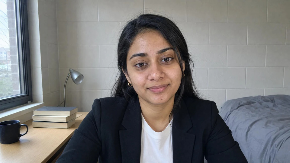 Webcam frame of a young woman in a black blazer at her dorm desk on a video job interview, face lit evenly and soft with natural skin texture