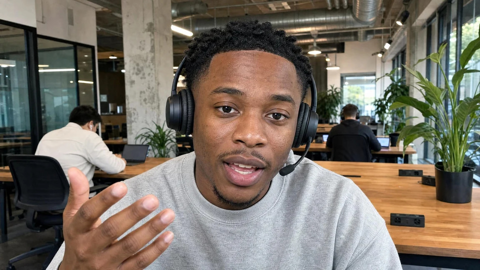 Webcam frame of a young man in a headset explaining on a sales call in a busy co-working space, face lit evenly