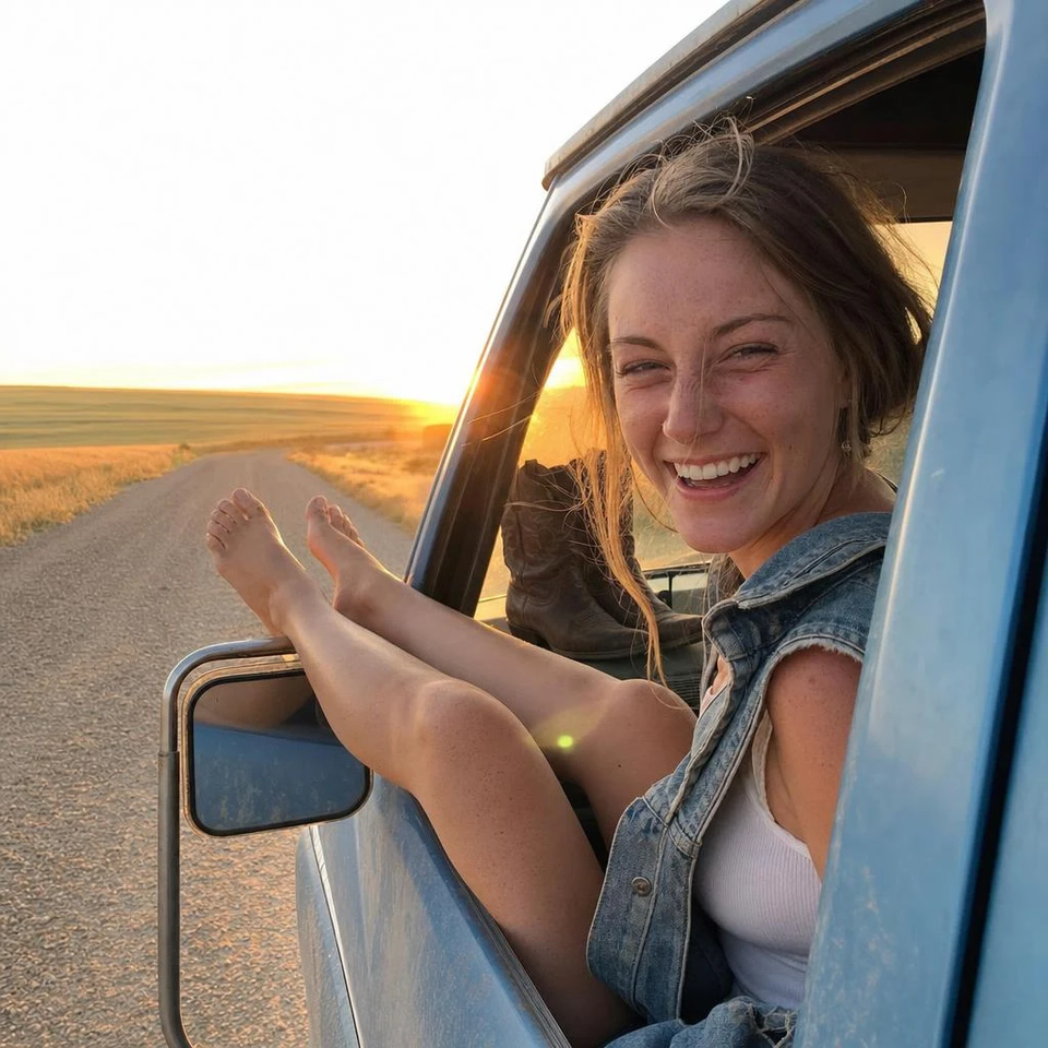 Backroad July, a country playlist in English: A freckled young woman laughs from the window of a faded blue pickup, her bare feet up, on a gravel road through wheat fields at golden hour.