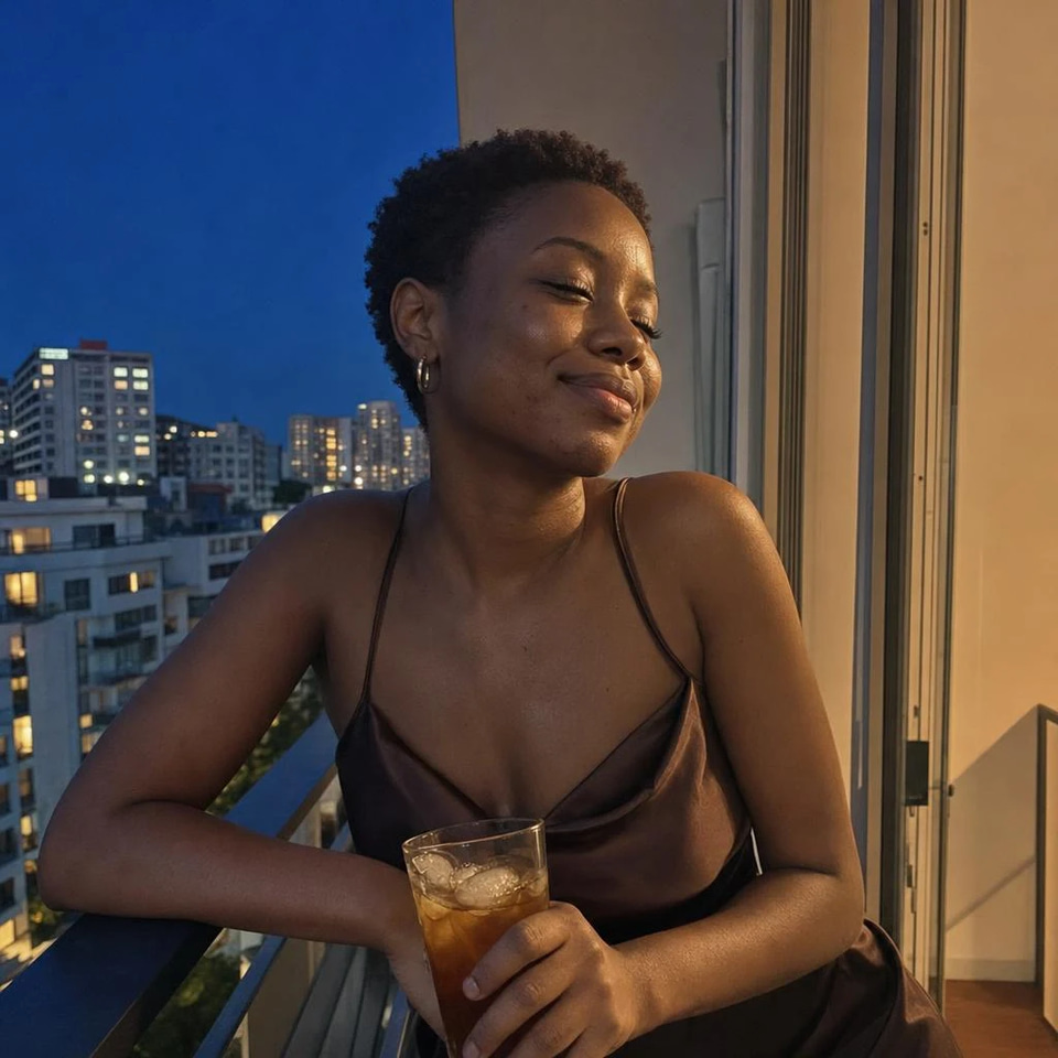 Slow Evenings, a r&b and soul playlist in English: A young Black woman in a brown satin slip top leans on a balcony rail at blue hour with iced tea, eyes closed and smiling, warm lamp light on her face.