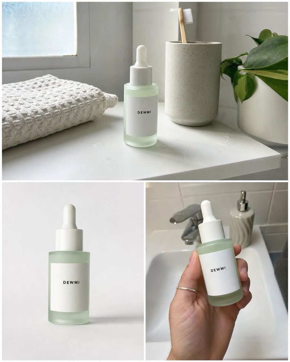 Three photos of a frosted mint DEWMI serum bottle: on a bathroom shelf, on a white sweep, and held in a hand at the sink