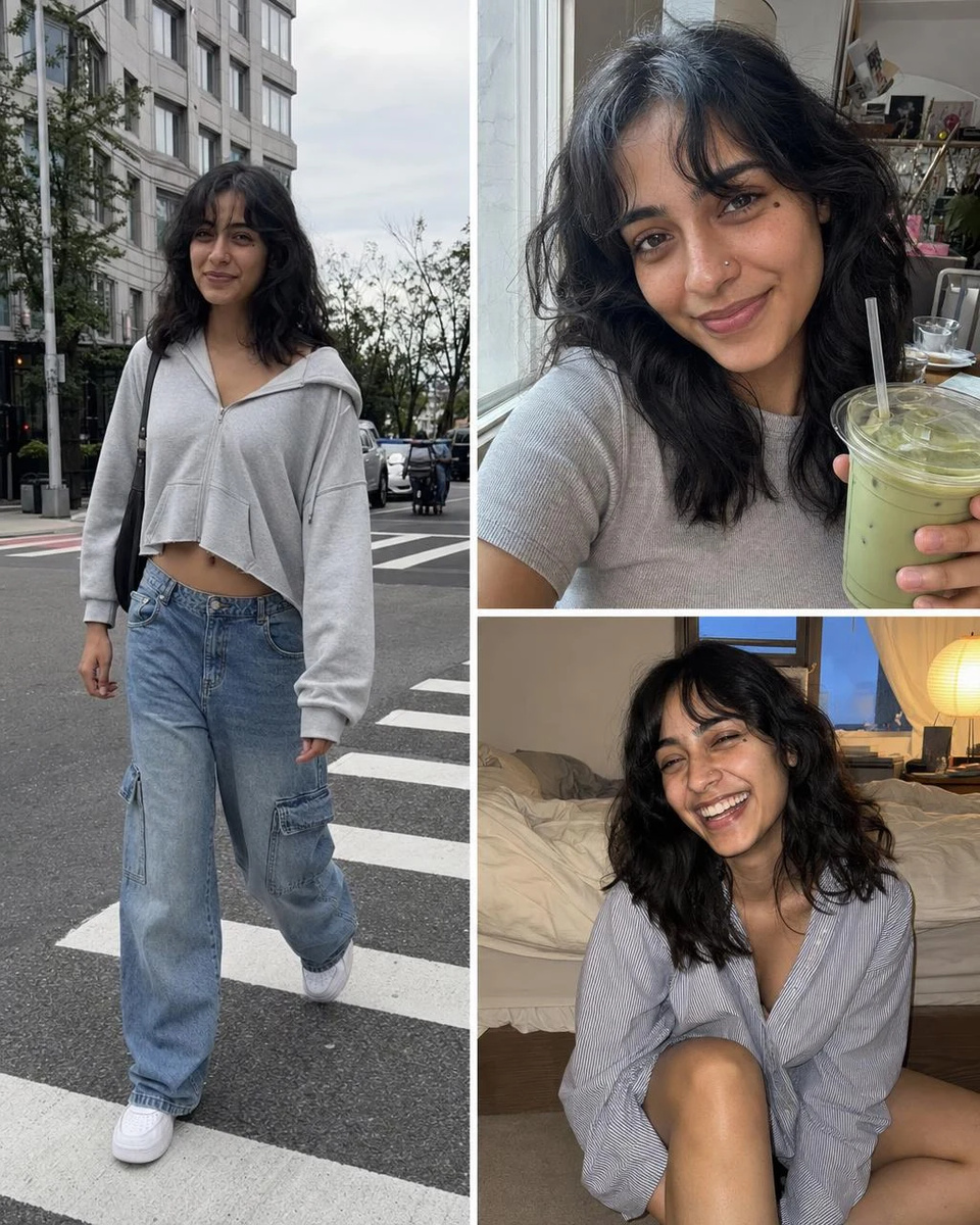 The same 23-year-old woman with wavy dark hair, a mole under her eye and a nose stud on a crosswalk, in a cafe selfie with iced matcha, and laughing on a bedroom floor