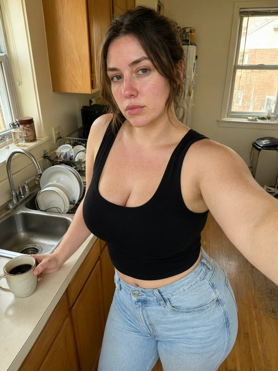 Adult woman in a black crop top and jeans taking a kitchen selfie with a coffee mug