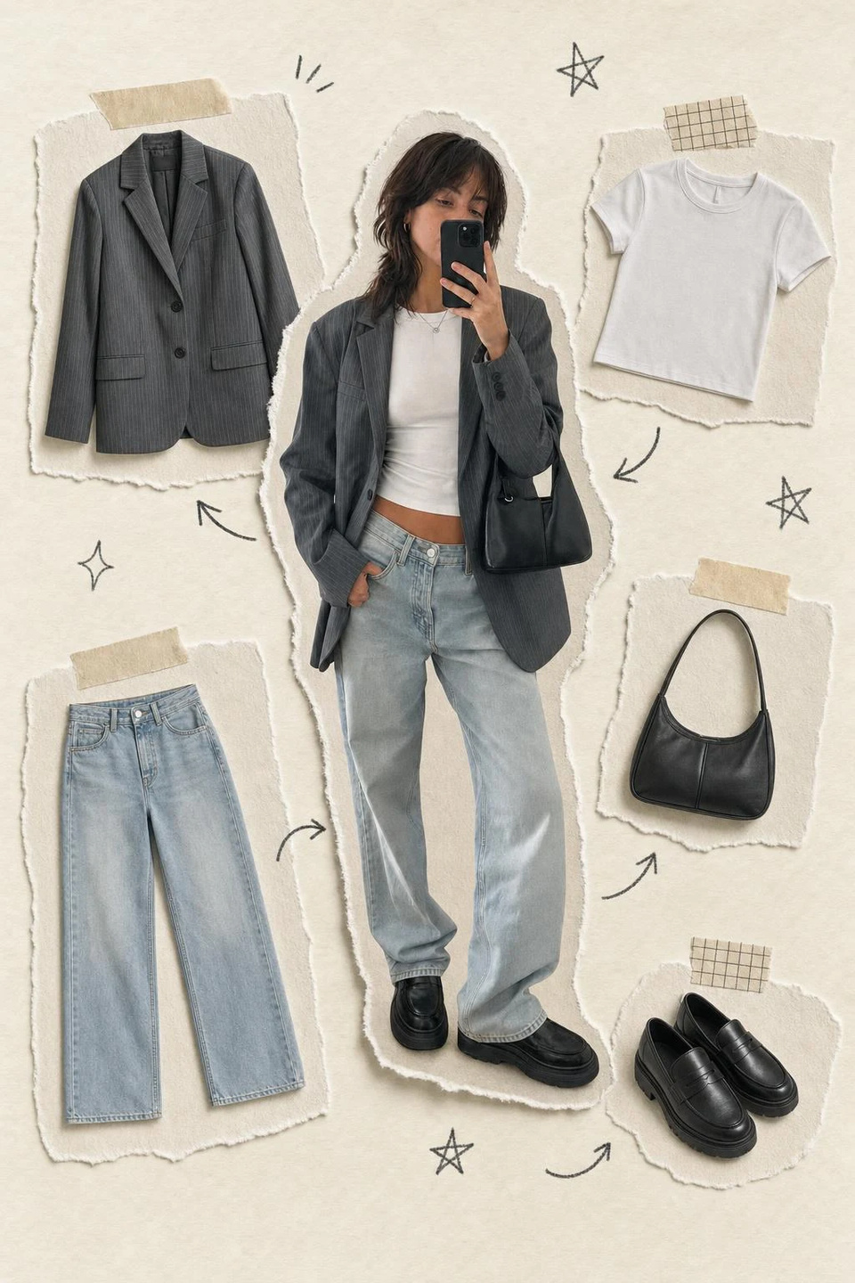 A mirror fit-check photo of a young woman turned into a scrapbook lookbook page with cut-outs of each piece, with a before/after slider