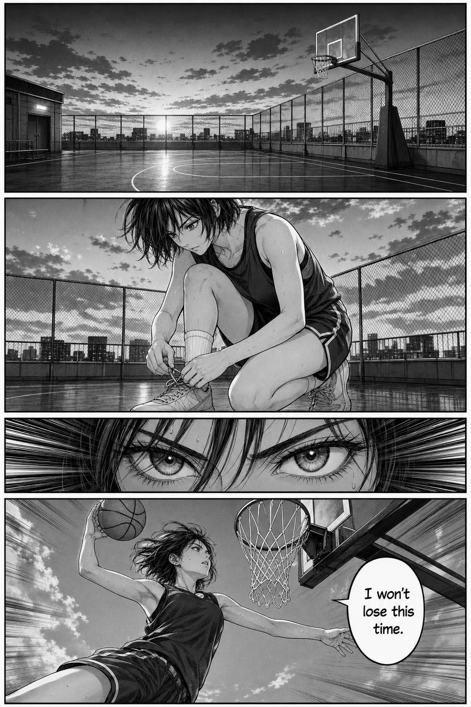 A black-and-white four-panel manga page of a young woman athlete on a rooftop court with one speech bubble