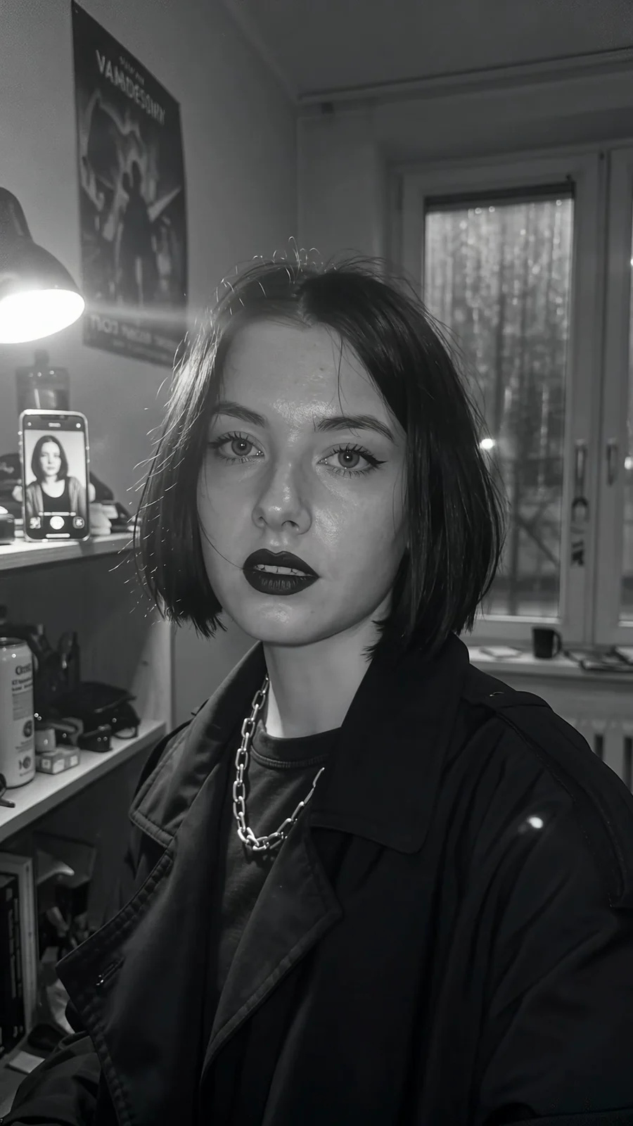 A young woman in a black trench narrates to camera in black-and-white with blind shadows as her roommate's silhouette appears