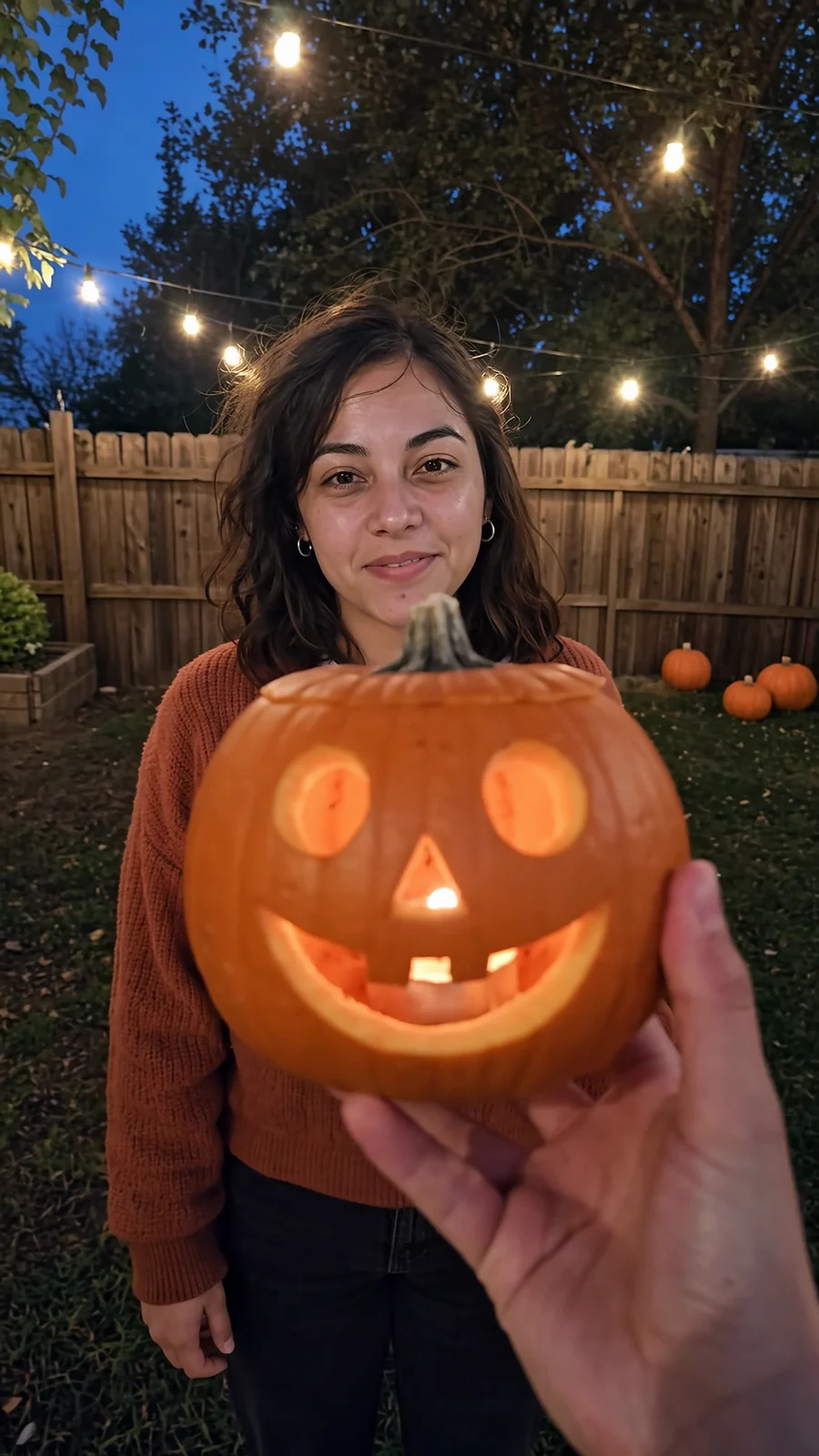 Phone video in a string-lit backyard at blue hour: a friend's hand holds a glowing carved jack-o'-lantern up to the lens so it lines up over a young woman's head. The same hand then lowers it, and she bursts out laughing and points at the camera.