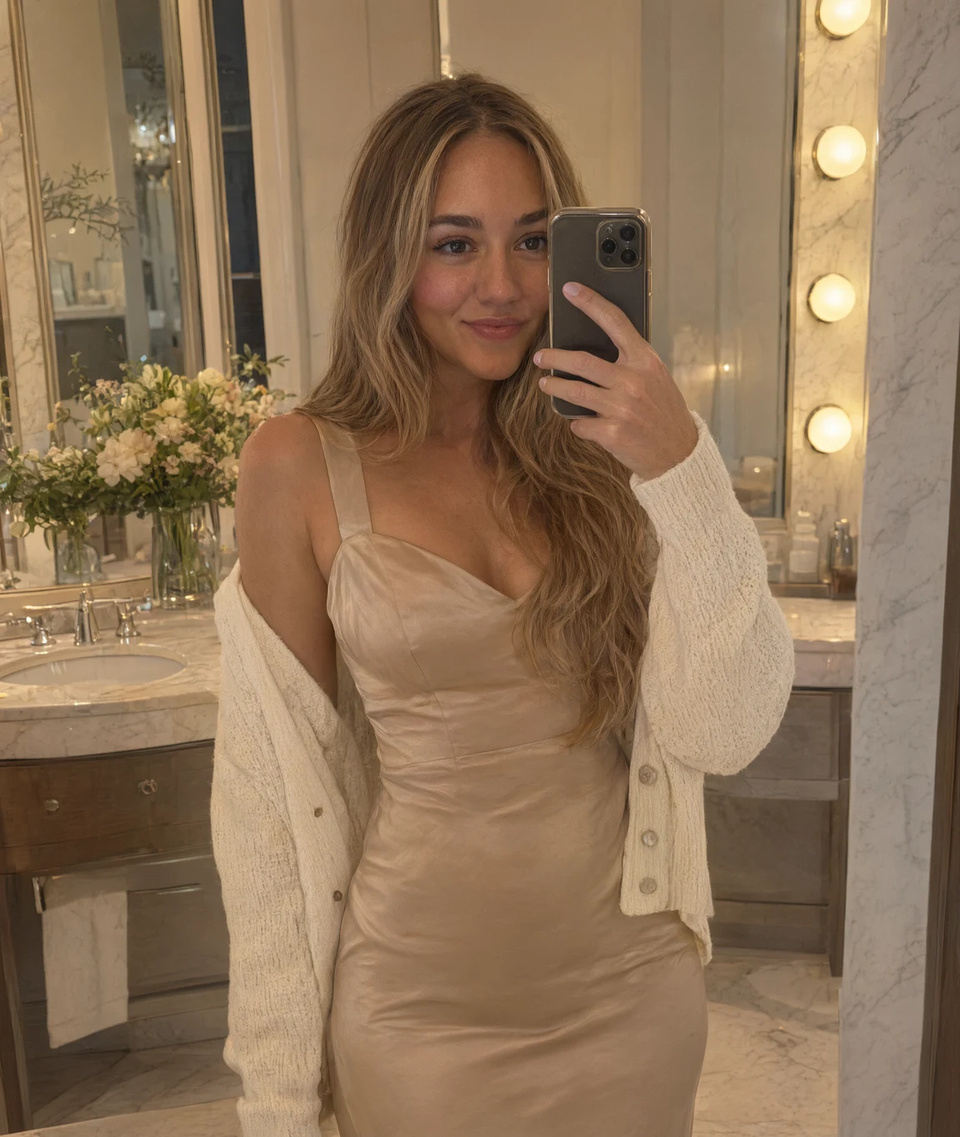 A selfie of a young adult woman turned into a hotel-bathroom mirror selfie in a champagne satin slip dress, with a before/after slider
