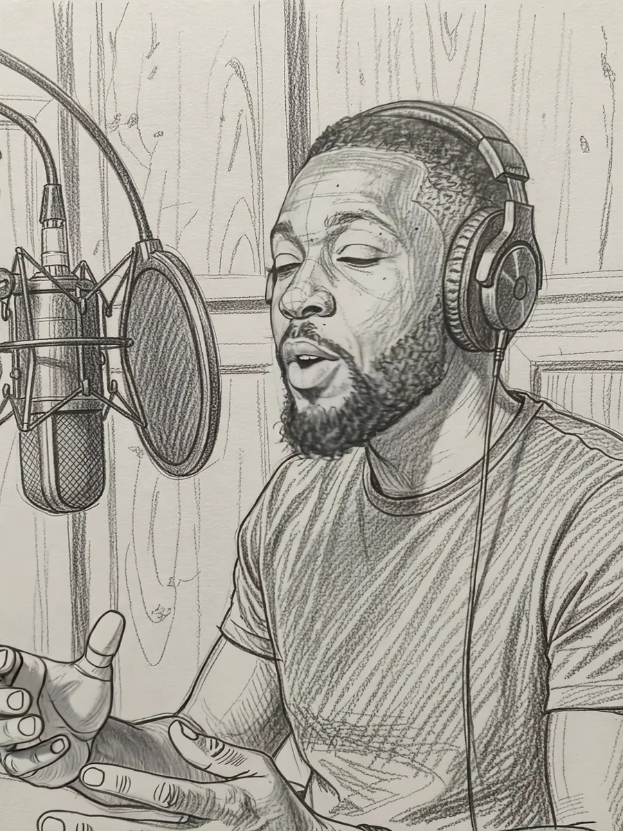A podcast clip redrawn frame by frame as a graphite pencil sketch with the same gestures