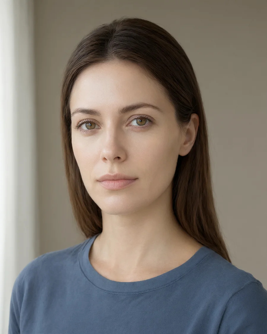 Plastic skin → natural skin, before and after: Portrait edited to add subtle pores and natural skin texture while retaining the source face and setting