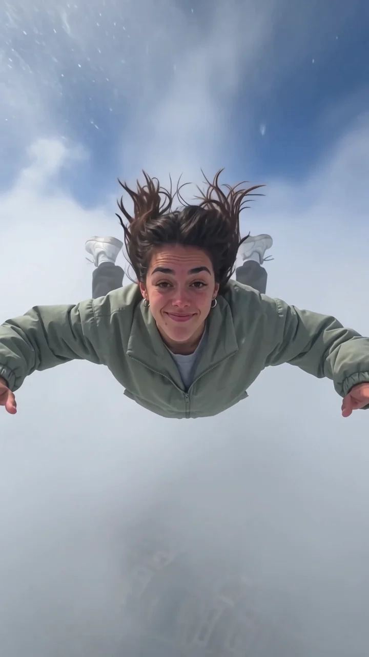 A young woman in a sage windbreaker free-falls belly-down through the sky, filmed by a friend falling face to face with her, hair and jacket whipping in the wind.