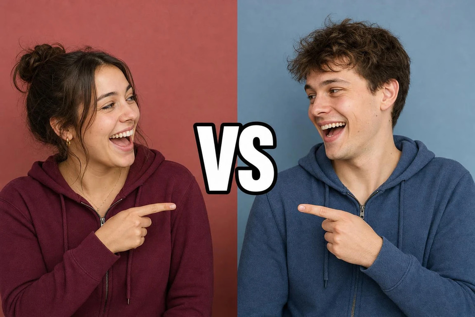A split thumbnail of a young woman and a young man in plain hoodies laughing and pointing at each other on red and blue paper, with VS between them