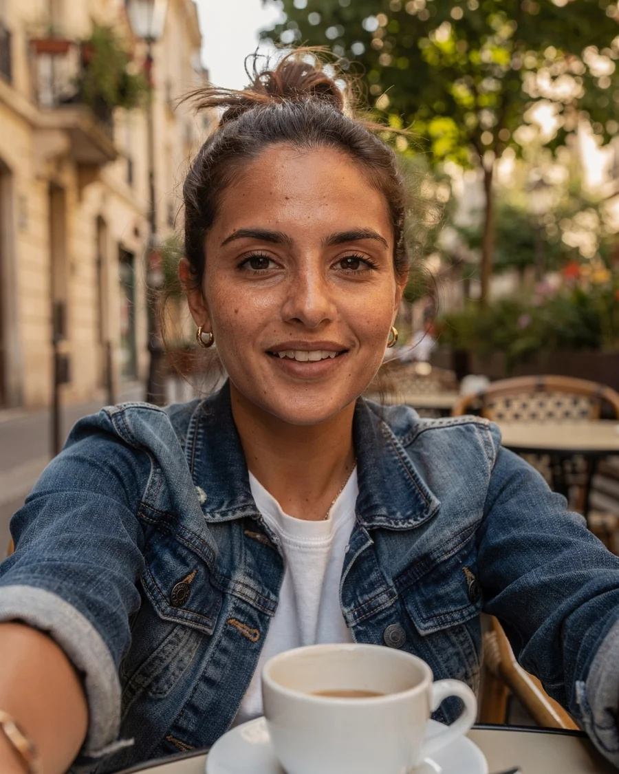 Woman filming a casual selfie with coffee at an outdoor cafe