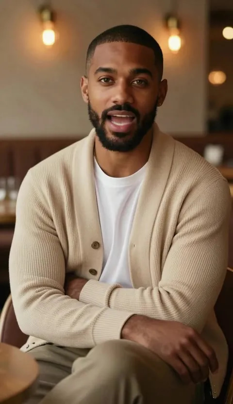 A man in a café mid-sentence in the finished clip, mouth shaped on a word