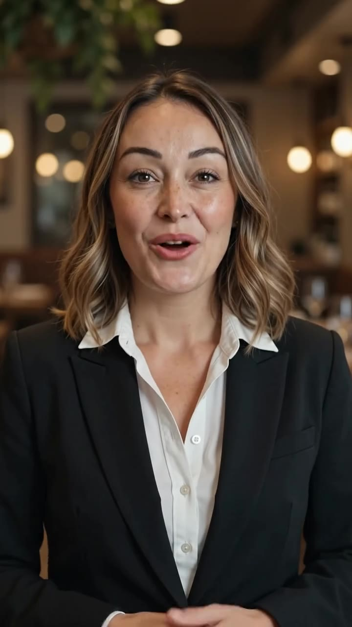A frame from the talking to camera take, generated from the same single photo — the person mid-word, facing the lens in a café interior, same blazer and shirt as the source