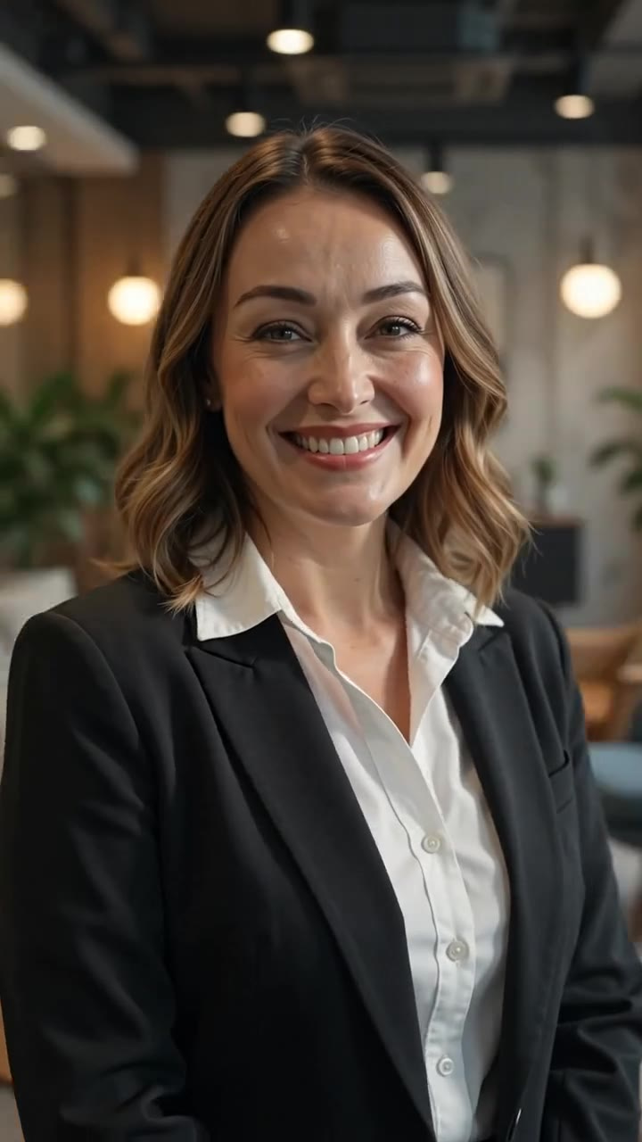 A frame from a second take of the same photo — the same person and wardrobe again, this time standing in an open-plan office