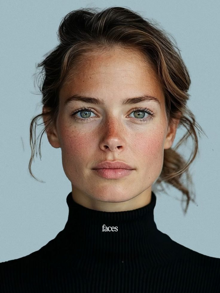 The source portrait: a freckled woman with a loose updo in a black turtleneck, facing the camera against a pale blue backdrop