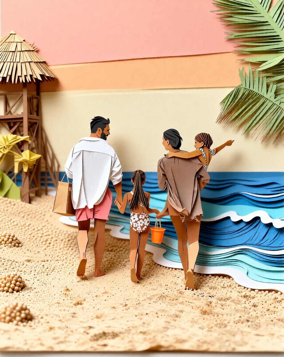 A family walking along the shore, restyled as a layered paper-cut diorama with cut-paper waves, palm fronds and a thatched beach hut