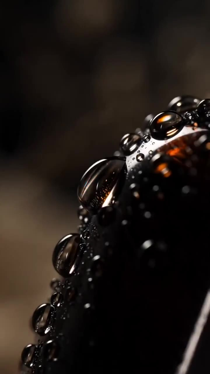 A macro frame from one of the reels in this demo set: the shoulder of the dark amber glass bottle at extreme close-up, beaded with droplets that catch the amber glow through the glass