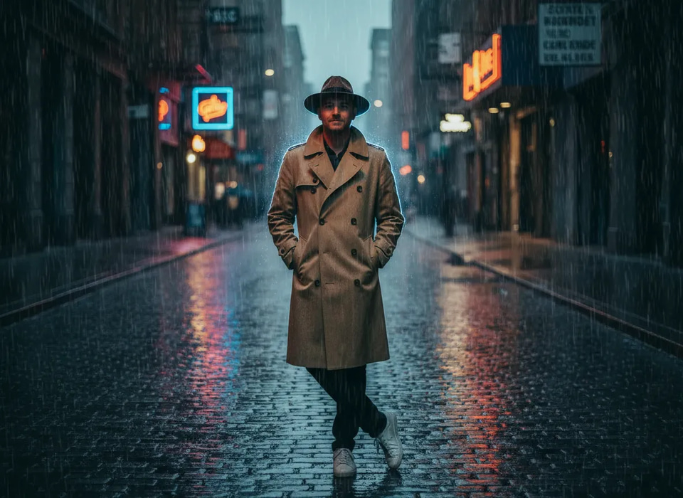 The same man, same coat, same hat and the same hands-in-pockets stance, now standing on a rain-wet cobbled street at dusk with neon shopfront signs reflected in the puddles around him