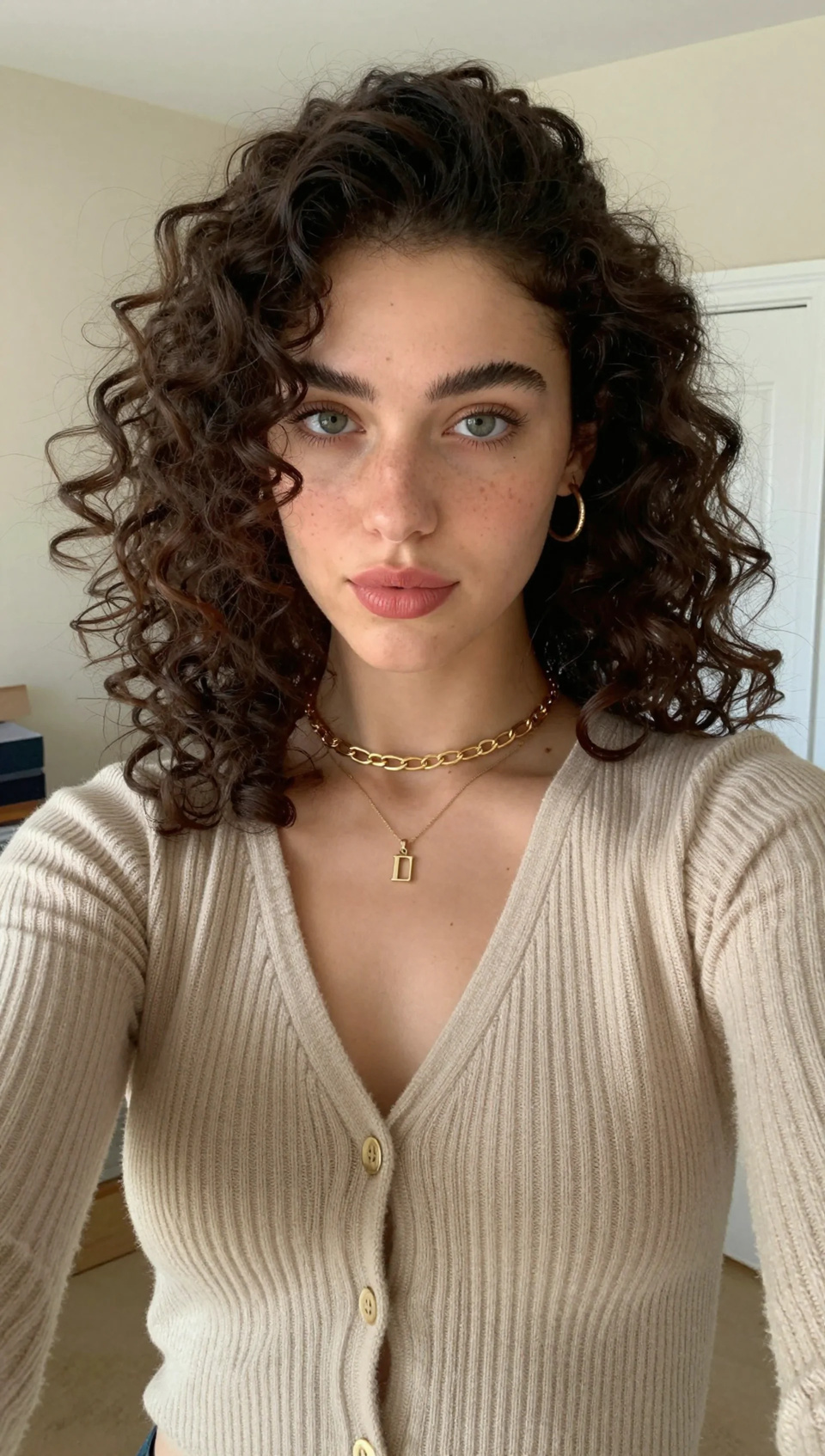 A young woman with long curly dark hair in a cream cardigan and a fine gold chain, photographed indoors looking straight into the lens