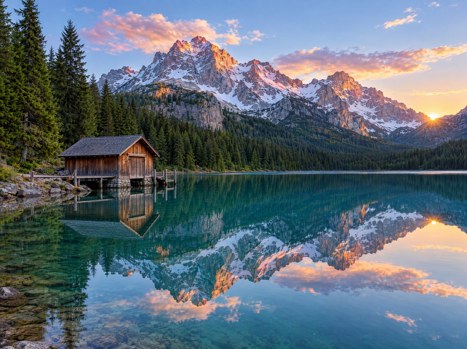 Before: Wooden boathouse on an alpine lake at sunrise with pine forest and peaks — noir filter