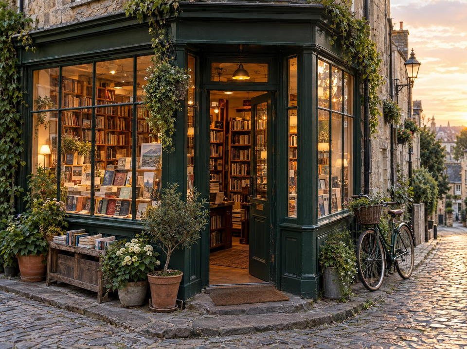 Before: Cosy corner bookshop with a green facade and stacked books in the window — enhanced