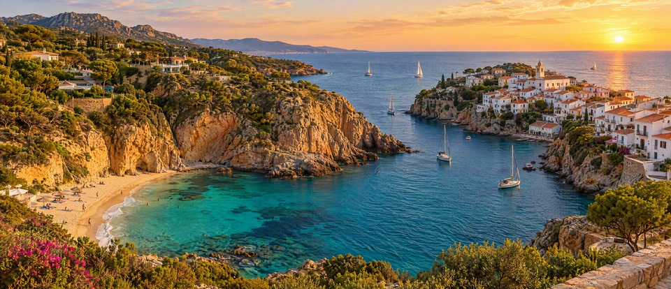 Before: Wide panorama of a turquoise cove, cliffs and a white village at golden hour — split into tiles