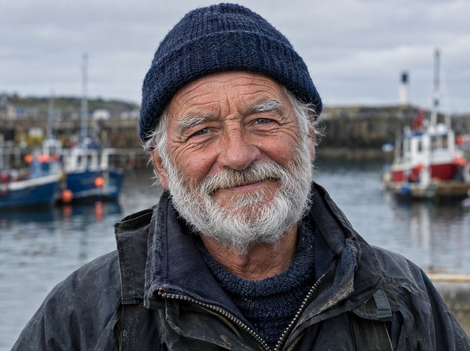 Before: Weathered elderly fisherman with a knit cap and white beard — turned into a sketch
