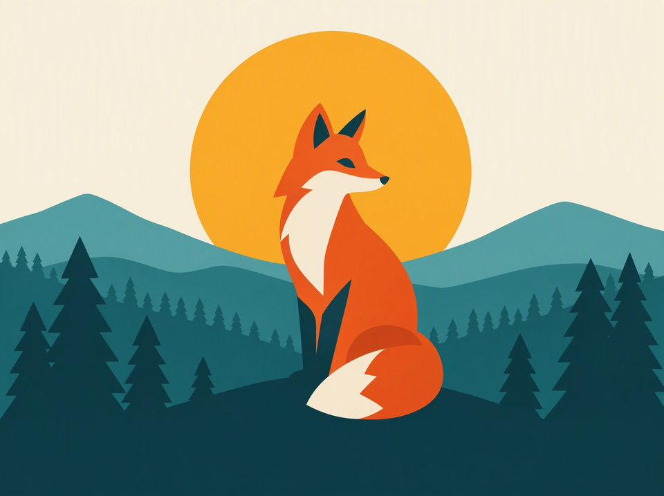 Before: Flat vector-style illustration of a fox in front of a sunset and pine hills — traced to vector