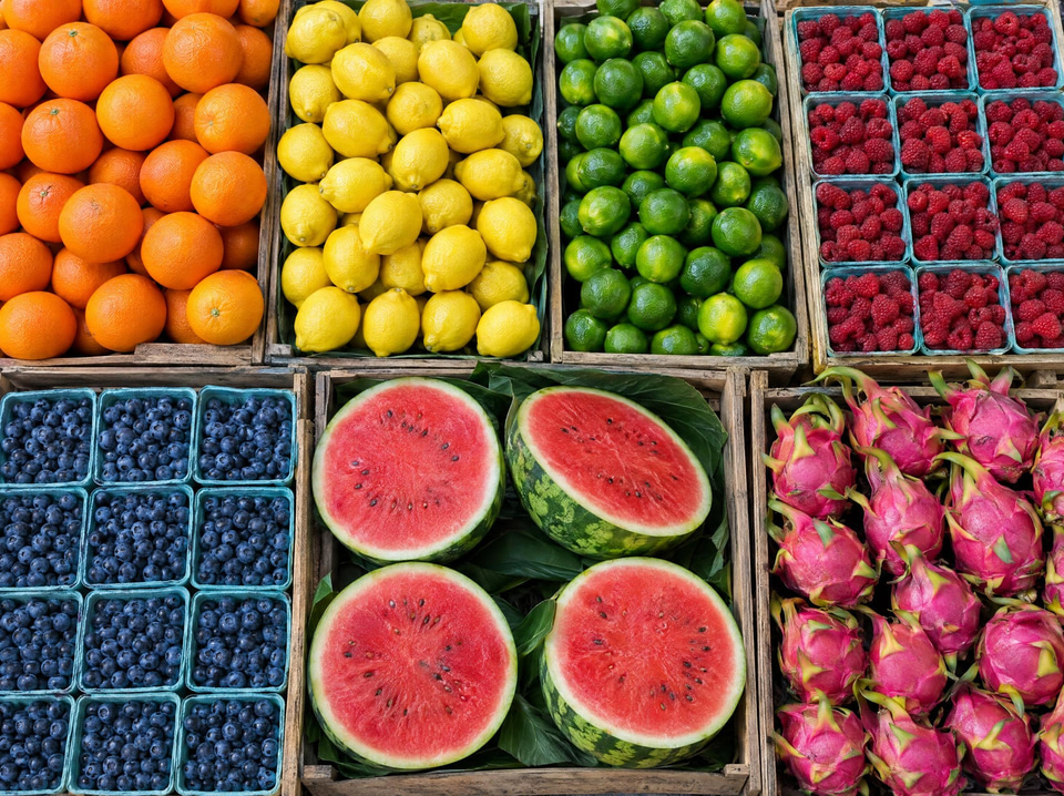 Before: Overhead view of a colourful fruit stall with citrus, berries and melons — palette