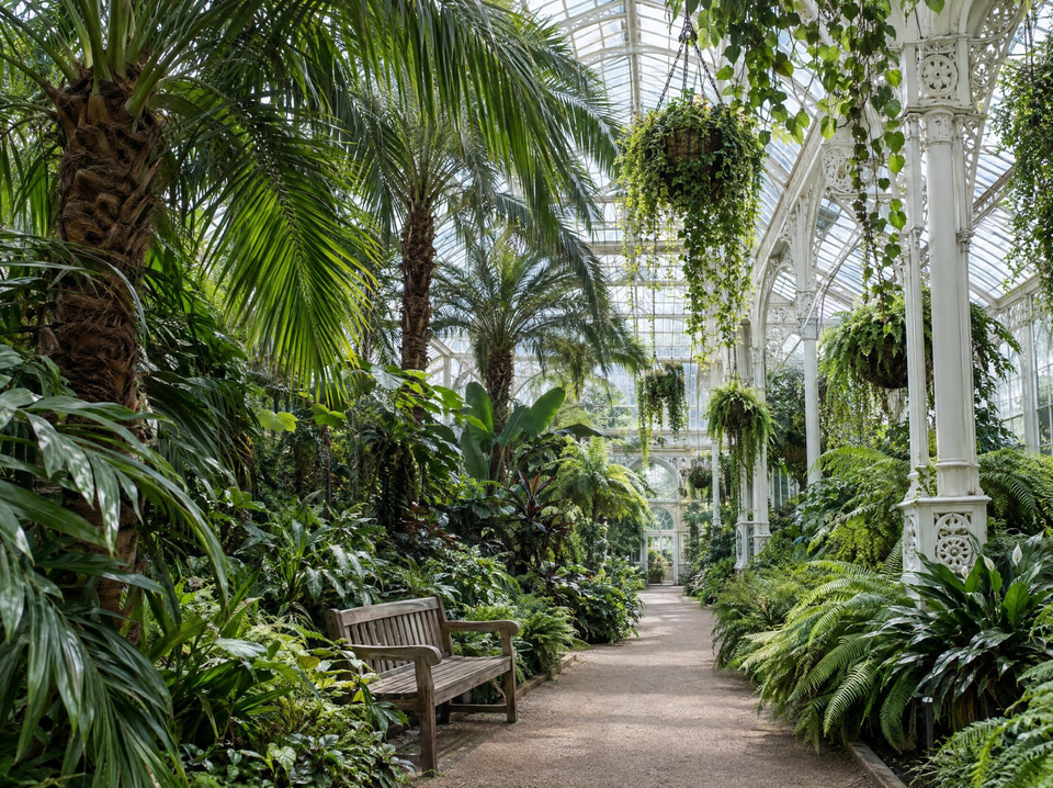Before: Victorian glasshouse full of palms and ferns in soft daylight — rounded corners