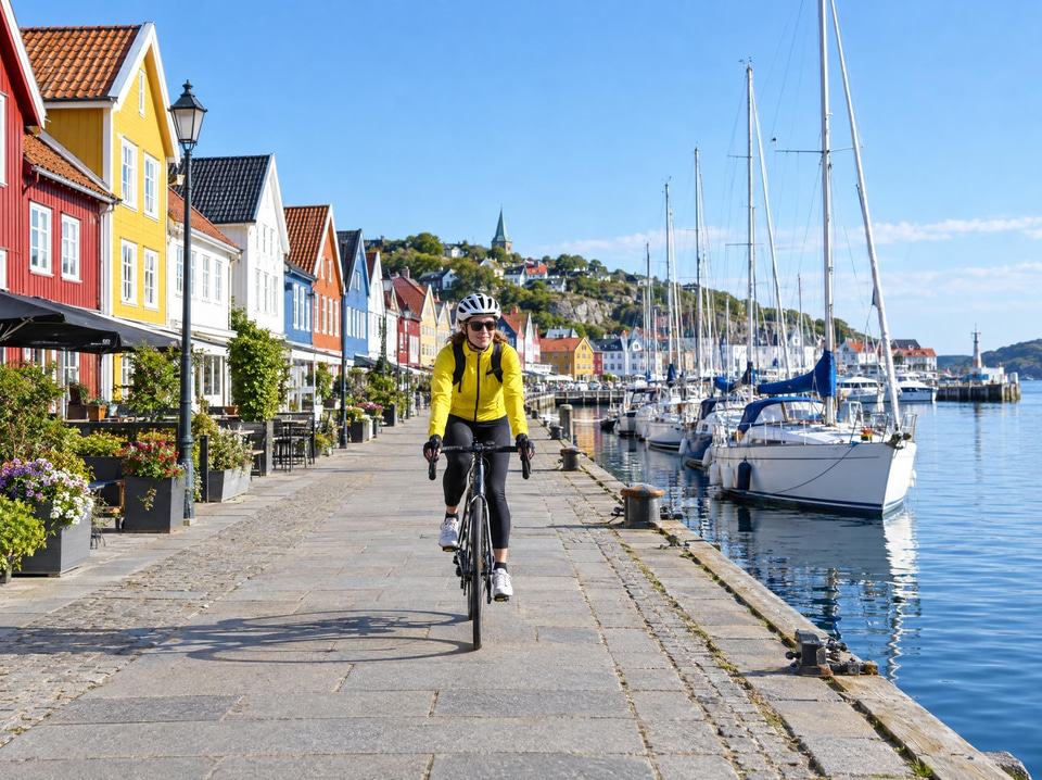 Before: Cyclist riding along a colourful harbour promenade — cropped