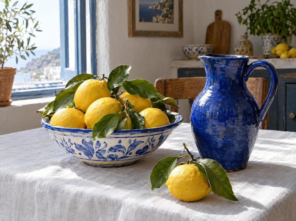 Before: Still life of lemons and a blue ceramic jug on a linen tablecloth — rounded corners