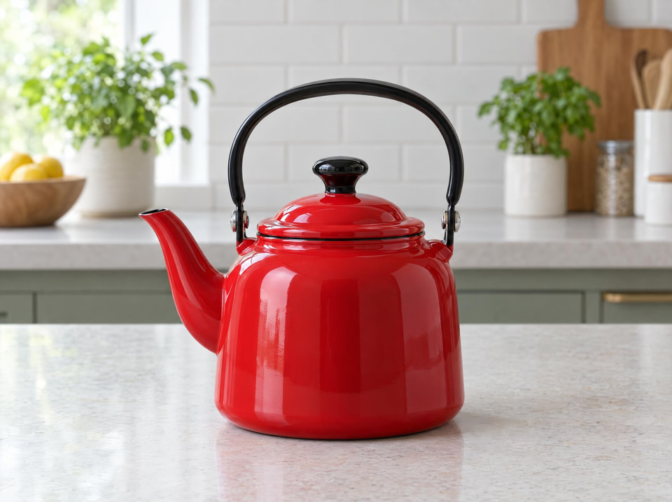 Before: Glossy red enamel teapot on a kitchen counter — new background colour