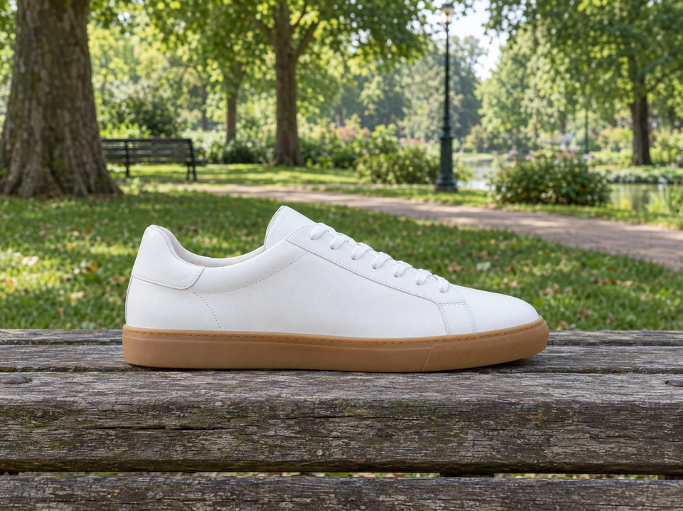 Before: A white leather sneaker on a weathered wooden bench in a park — new background colour