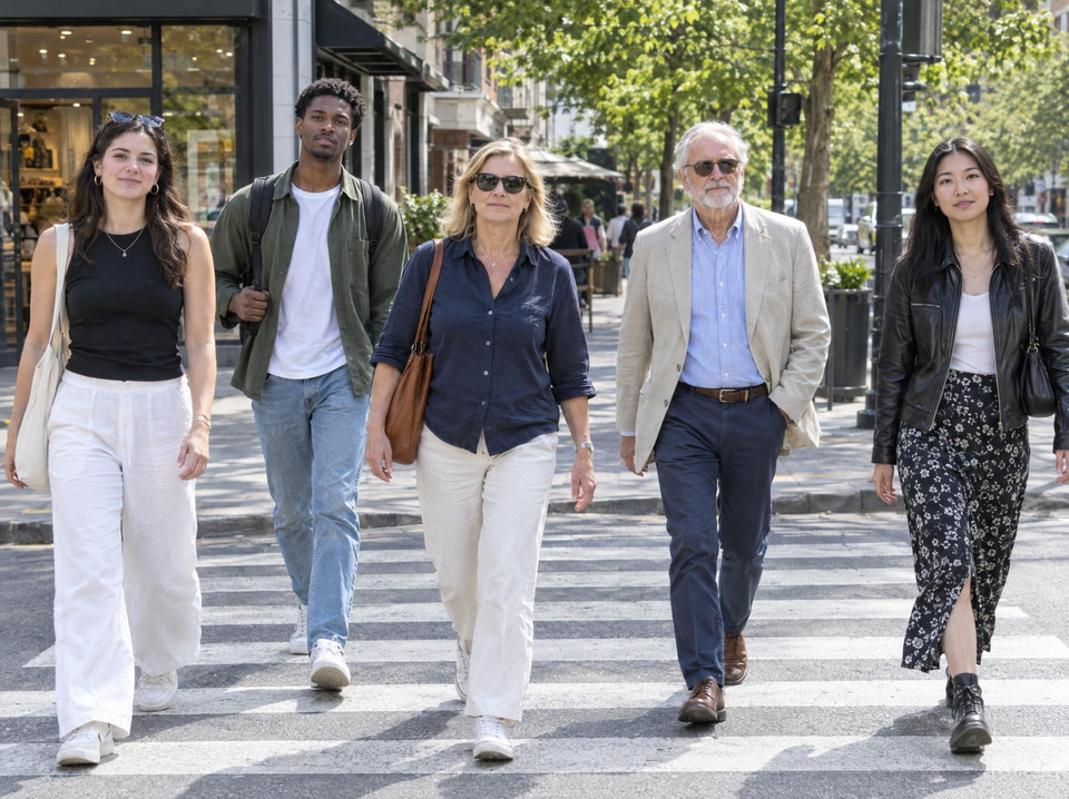 Before: Pedestrians crossing a sunny city street, several faces towards the camera — rotated