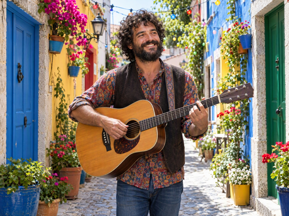 Before: Street musician playing guitar in a colourful alley — turned into a sketch