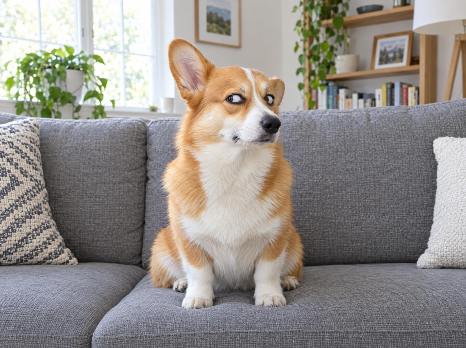Before: A corgi giving the camera a side-eye from a sofa — pixelated