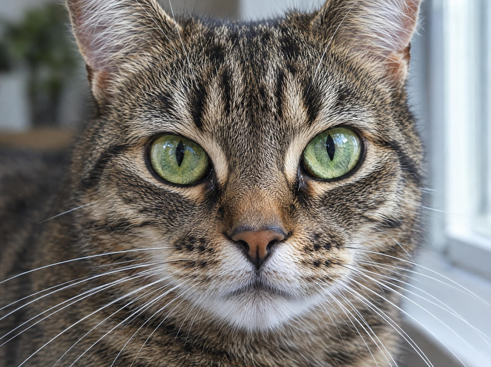 Before: Close-up of a tabby cat's face with green eyes and fine whiskers — turned into a sketch