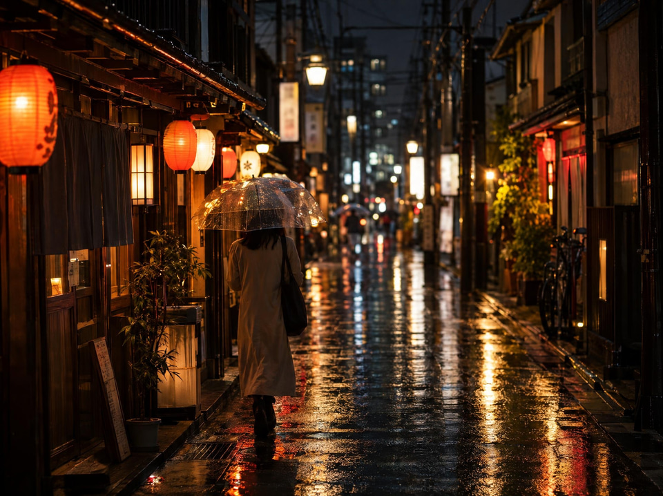 Before: Rainy city side street at night with glowing lanterns and reflections — film grain added