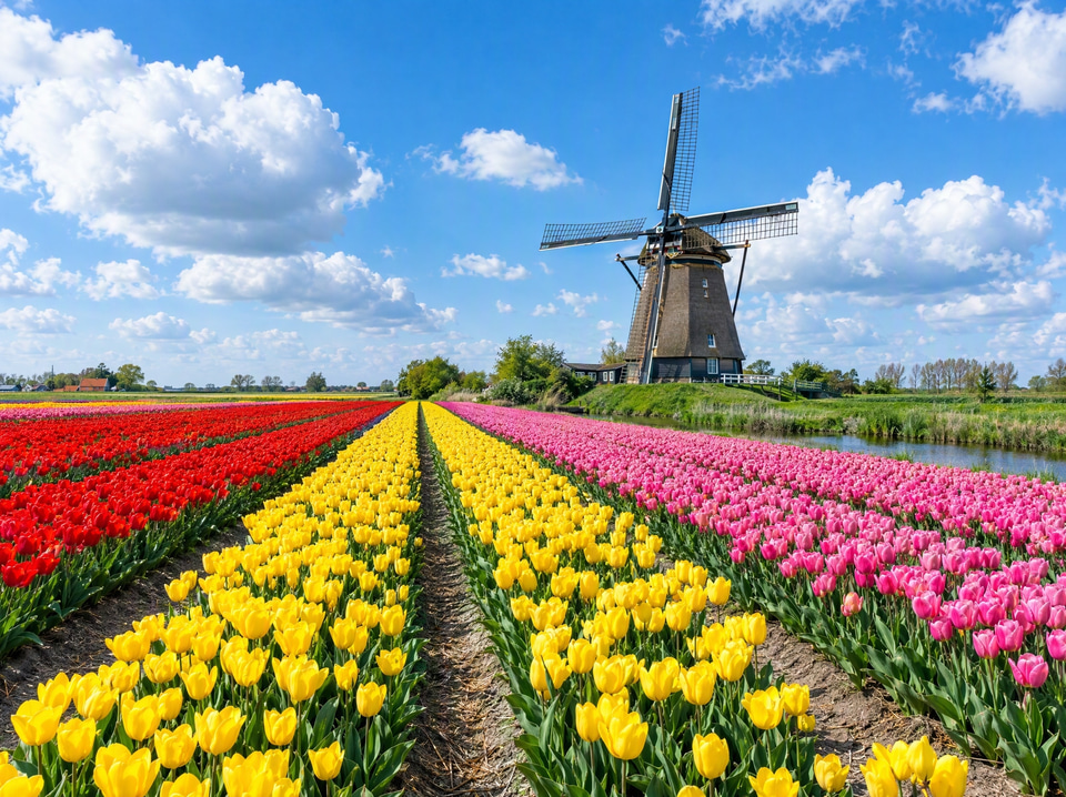 Before: Striped tulip fields leading to a windmill under a blue sky — pixelated
