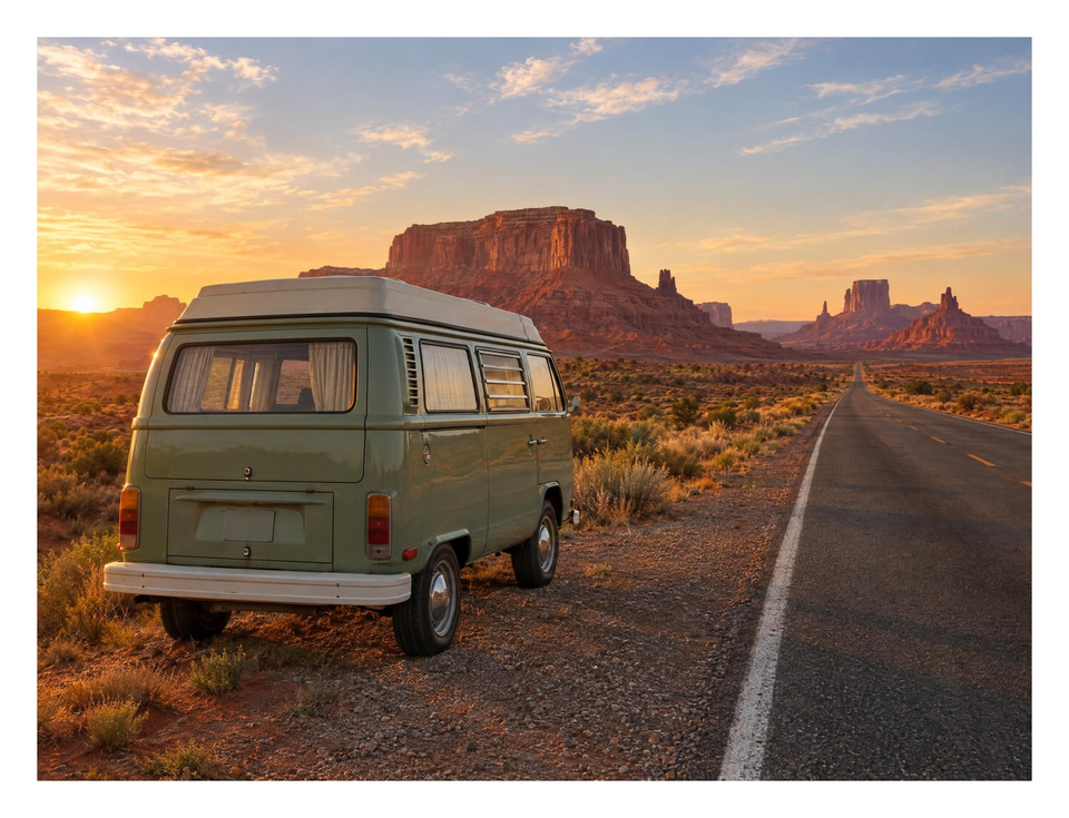 After: Vintage camper van on an empty desert road at golden hour — border added
